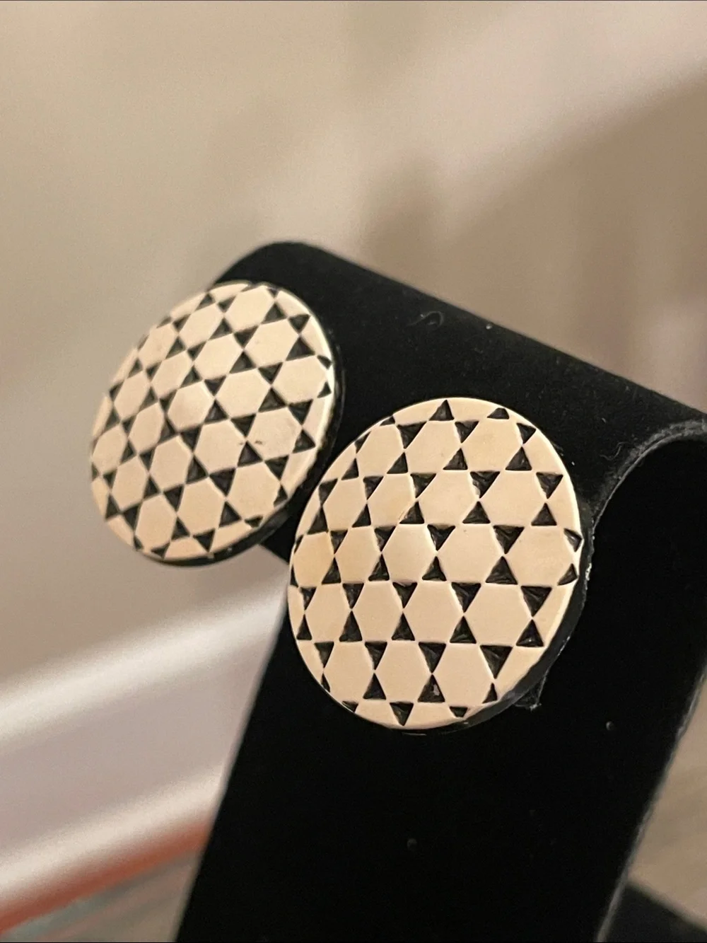Vintage Round Button Clip Earrings with Geometric Pattern